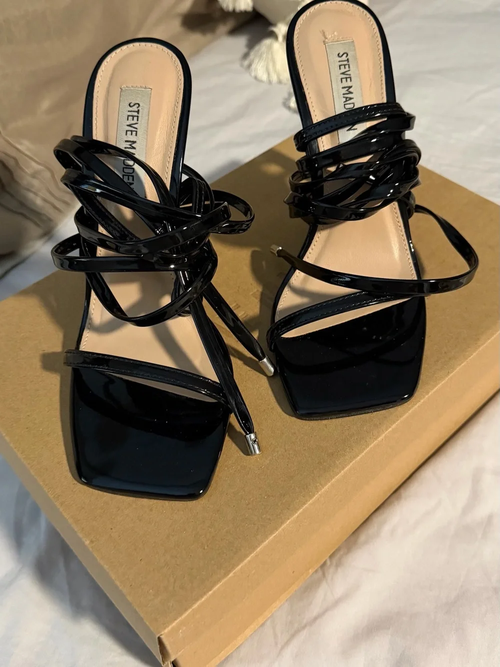 Steve Madden Black Patent Square-Toe Strappy Heels